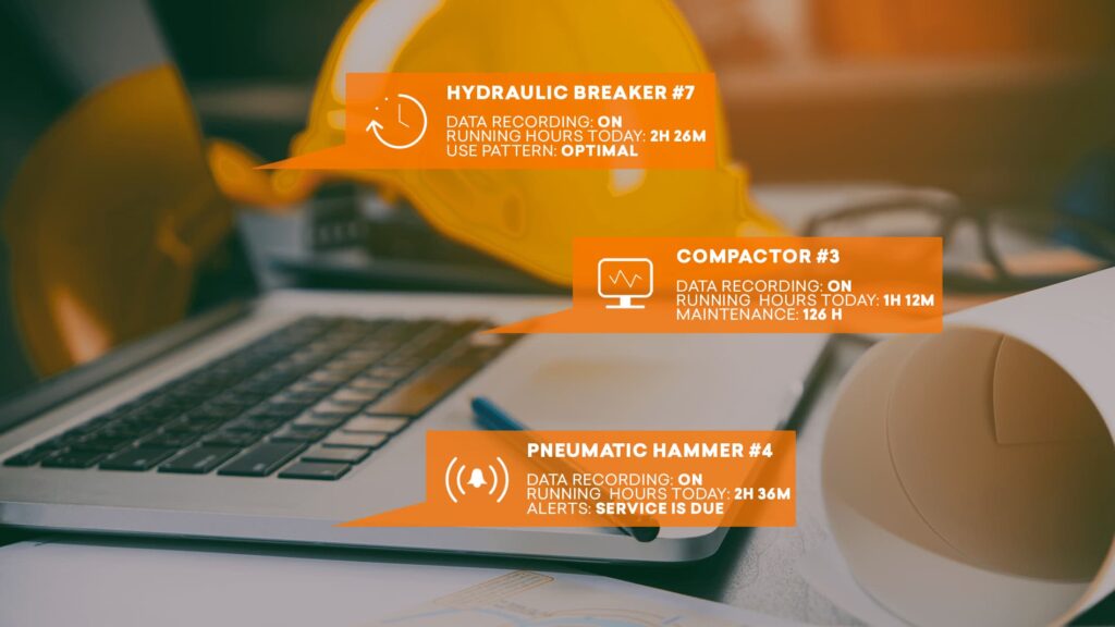 Wireless data recorder mounted on a hydraulic attachment for running hours monitoring and predictive maintenance.