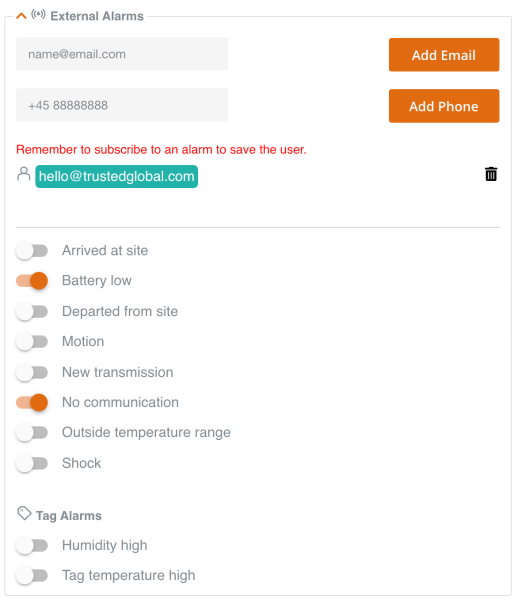 External alarm settings